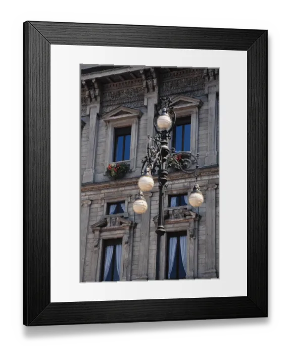 Framed Print : Europe, Italy, Milan. Lanpost, windows and flower boxes in Milan