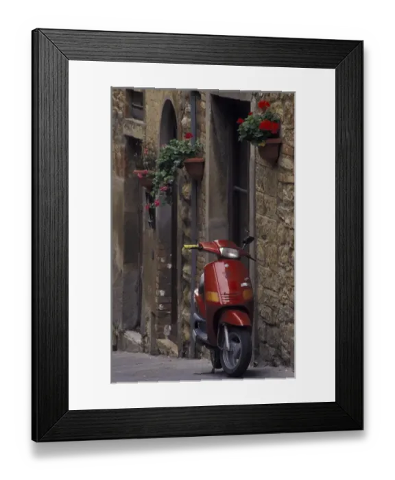 Framed Print : Italy, Tuscany, Volterra Geraniums and motorcycle on narrow street Framed Print : Italy, Tuscany, Volterra Geraniums and motorcycle on narrow street