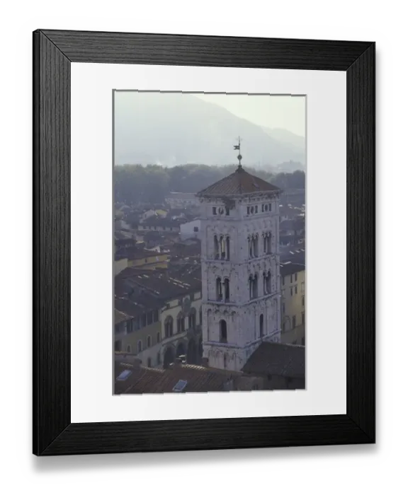 Framed Print : Italy, Tuscany, Lucca 14th C. tower and old houses with moutain in distance