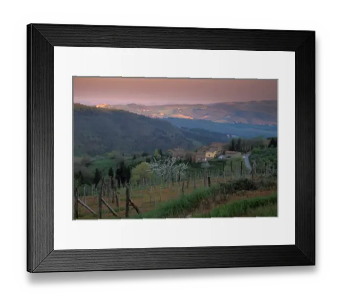 Framed Print : Italy, San Gimignano, Villa and surrounding vineyards at sunset