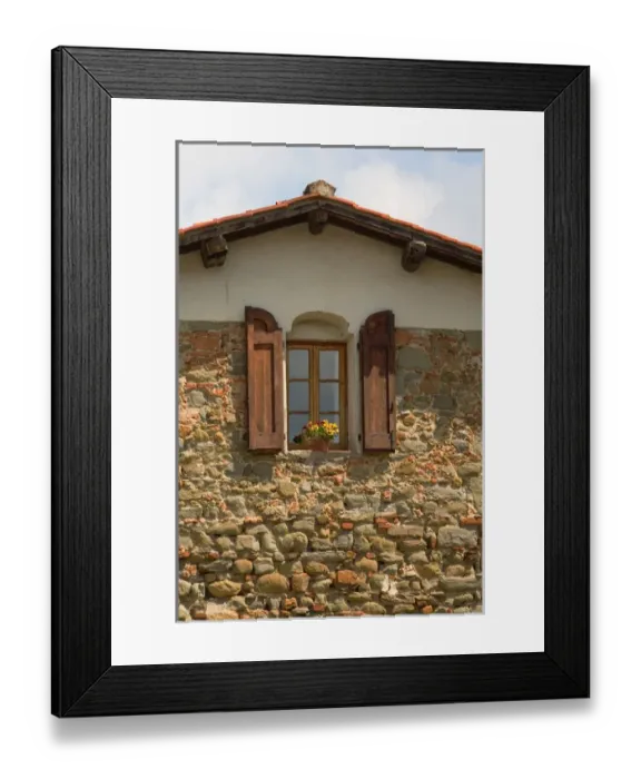 Framed Print : A window with the shutters open, and a flowerbox with yellow flowers sitting on the window ledge Framed Print : A window with the shutters open, and a flowerbox with yellow flowers sitting on the window ledge