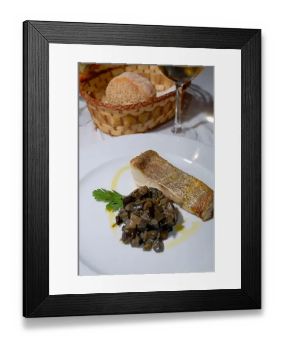 Framed Print : 04. Italy, Milan, elegant dinner of Grouper and eggplant Framed Print : 04. Italy, Milan, elegant dinner of Grouper and eggplant