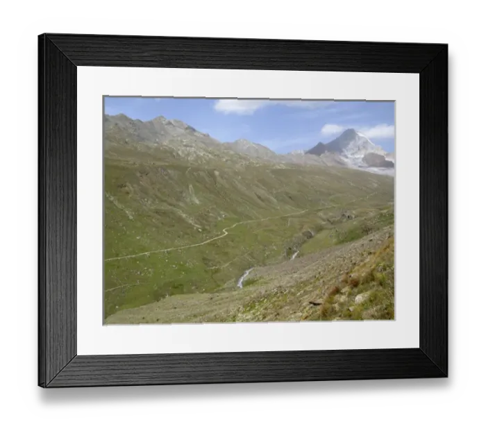 Framed Print : Cedec vally leads to Pizzini hut (2706 m) in the upper Sondrio province, Italy. In the background Framed Print : Cedec vally leads to Pizzini hut (2706 m) in the upper Sondrio province, Italy. In the background
