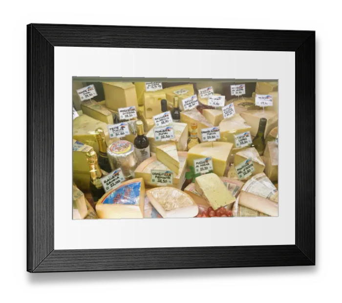 Framed Print : Europe, Italy, Tuscany, Florence, Cheese and Wine For Sale at Market