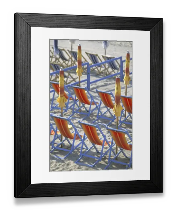 Framed Print : Europe, Italy, Liguria, Riviera Di Ponente, Lugure, Beachfront, red beach chairs Framed Print : Europe, Italy, Liguria, Riviera Di Ponente, Lugure, Beachfront, red beach chairs