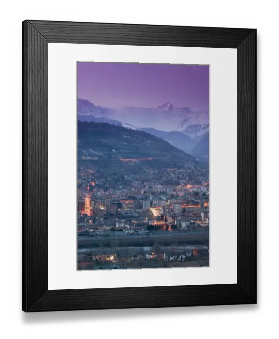 Framed Print : Europe, Italy, Valle d Aosta-AOSTA: Town View with Alps from PILA Road / Evening Framed Print : Europe, Italy, Valle d Aosta-AOSTA: Town View with Alps from PILA Road / Evening