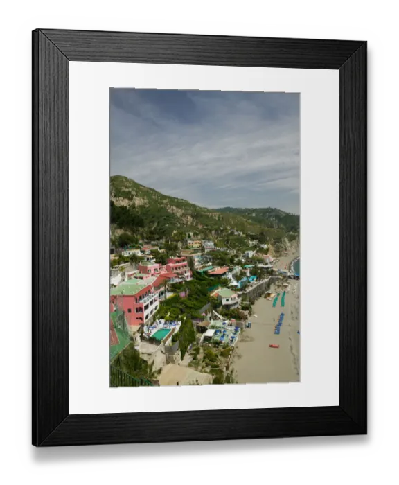 Framed Print : ITALY-Campania-(Bay of Naples)-ISCHIA-SANT ANGELO: Hotels above Spiaggia dei Maronti