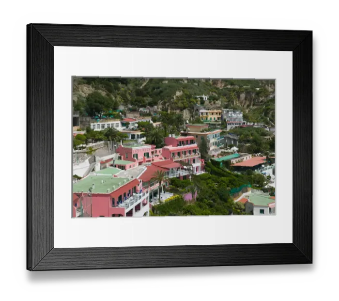 Framed Print : ITALY-Campania-(Bay of Naples)-ISCHIA-SANT ANGELO: Hotels above Spiaggia dei Maronti
