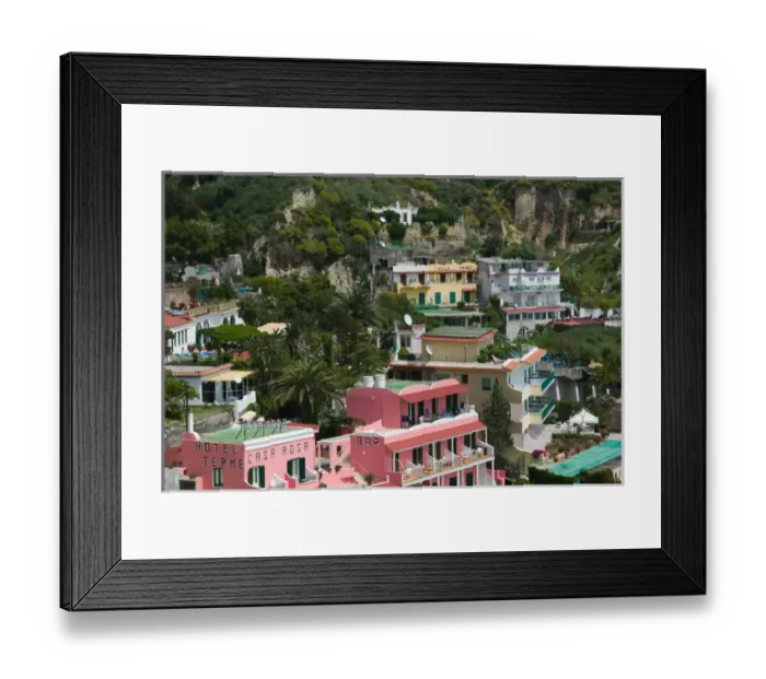 Framed Print : ITALY-Campania-(Bay of Naples)-ISCHIA-SANT ANGELO: Hotels above Spiaggia dei Maronti