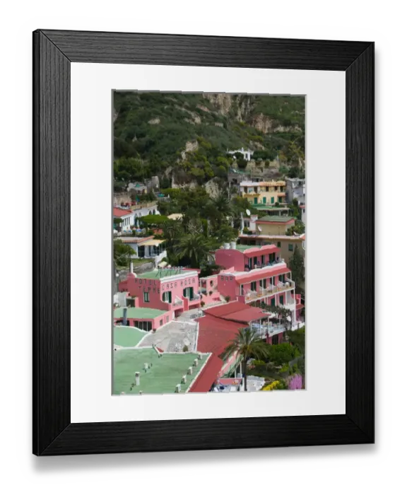 Framed Print : ITALY-Campania-(Bay of Naples)-ISCHIA-SANT ANGELO: Hotels above Spiaggia dei Maronti