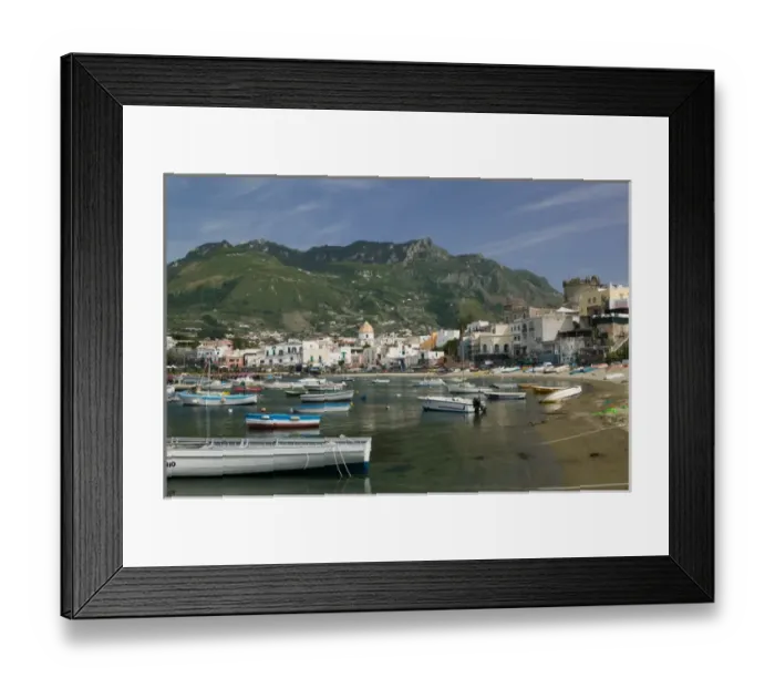 Framed Print : ITALY-Campania-(Bay of Naples)-ISCHIA-FORIO: Town View from Fishing Port  /  Daytime