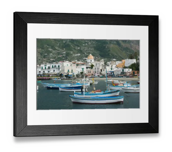 Framed Print : ITALY-Campania-(Bay of Naples)-ISCHIA-FORIO: Town View from Fishing Port / Daytime Framed Print : ITALY-Campania-(Bay of Naples)-ISCHIA-FORIO: Town View from Fishing Port / Daytime