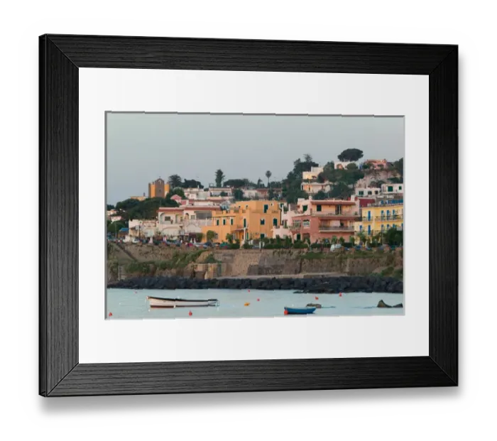 Framed Print : ITALY-Campania-(Bay of Naples)-ISCHIA-CASAMICCIOLA TERME: Portside Town Buildings / Sunset Framed Print : ITALY-Campania-(Bay of Naples)-ISCHIA-CASAMICCIOLA TERME: Portside Town Buildings / Sunset