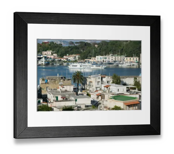 Framed Print : ITALY-Campania-(Bay of Naples)-ISCHIA-ISCHIA PORTO: Town & Port View  /  Late Afternoon