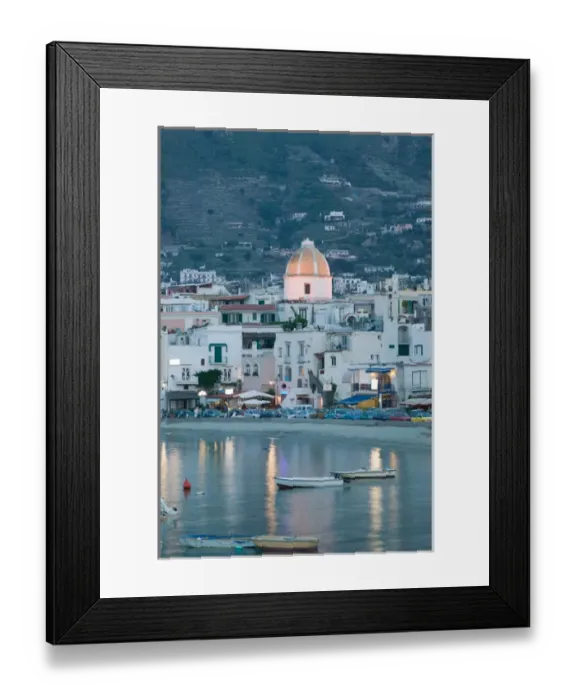 Framed Print : ITALY-Campania-(Bay of Naples)-ISCHIA-FORIO: Town View from Fishing Port  /  Evening