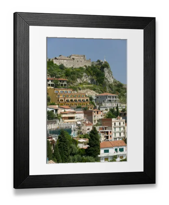 Framed Print : ITALY-Sicily-TAORMINA: Hillside town view near the medieval Castello Framed Print : ITALY-Sicily-TAORMINA: Hillside town view near the medieval Castello