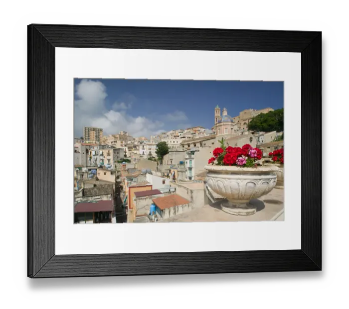 Framed Print : Italy, Sicily, Termini Imerese, Town View from Flowered Balcony Framed Print : Italy, Sicily, Termini Imerese, Town View from Flowered Balcony