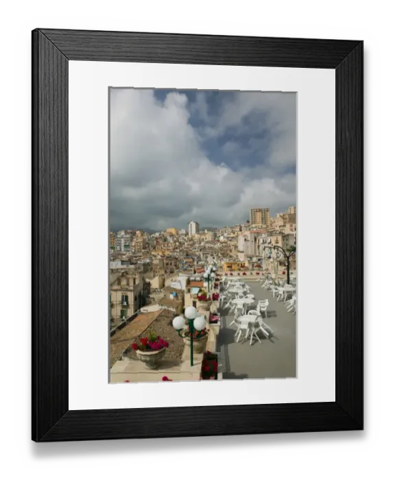 Framed Print : Italy, Sicily, Termini Imerese, Town View from Flowered Balcony Framed Print : Italy, Sicily, Termini Imerese, Town View from Flowered Balcony