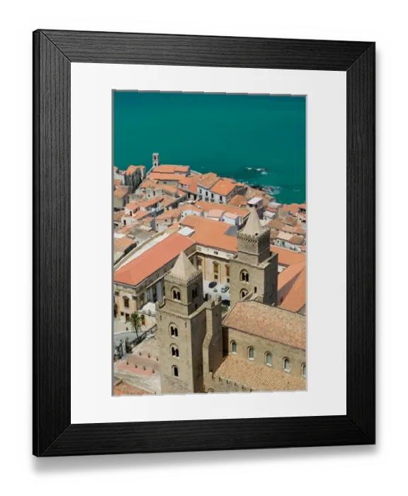 Framed Print : Italy, Sicily, Cefalu, Town with 13th century Duomo from La Rocca Mountain