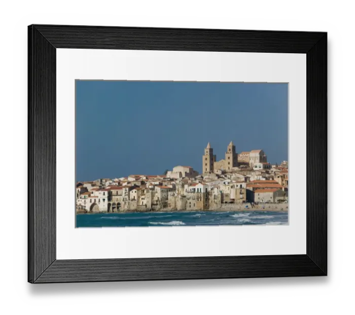 Framed Print : Italy, Sicily, Cefalu, View with duomo from beach Framed Print : Italy, Sicily, Cefalu, View with duomo from beach