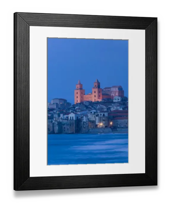 Framed Print : Italy, Sicily, Cefalu, View with Duomo from Beach