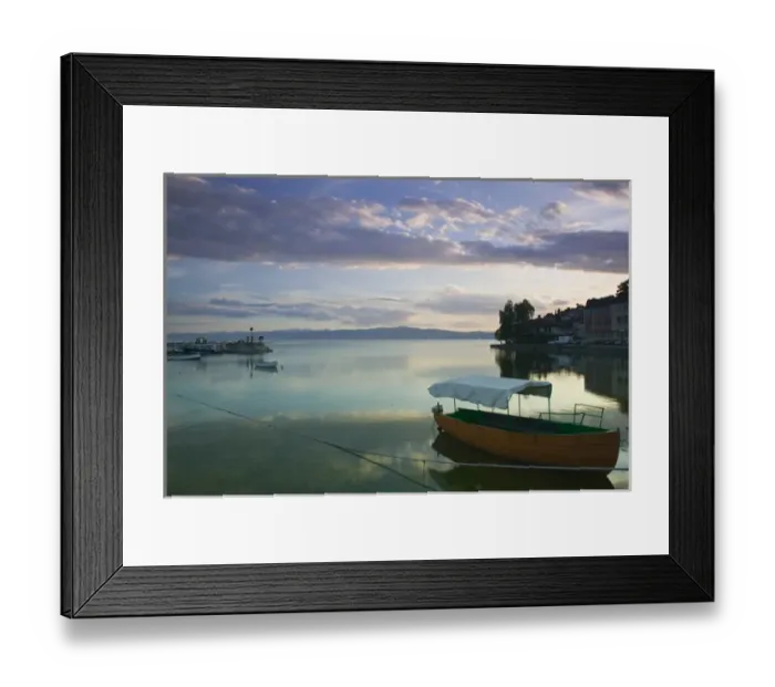 Framed Print : MACEDONIA, Ohrid. Lake Ohrid Harbor and water taxi / Late Afternoon Framed Print : MACEDONIA, Ohrid. Lake Ohrid Harbor and water taxi / Late Afternoon