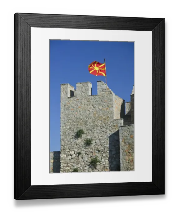 Framed Print : MACEDONIA, Ohrid. Macedonian Flag atop Car Samoils Castle Framed Print : MACEDONIA, Ohrid. Macedonian Flag atop Car Samoils Castle