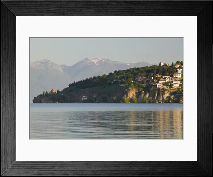 Framed Print : MACEDONIA, Ohrid. Morning view of Old Town and 13th century Sveti Jovan at Kaneo