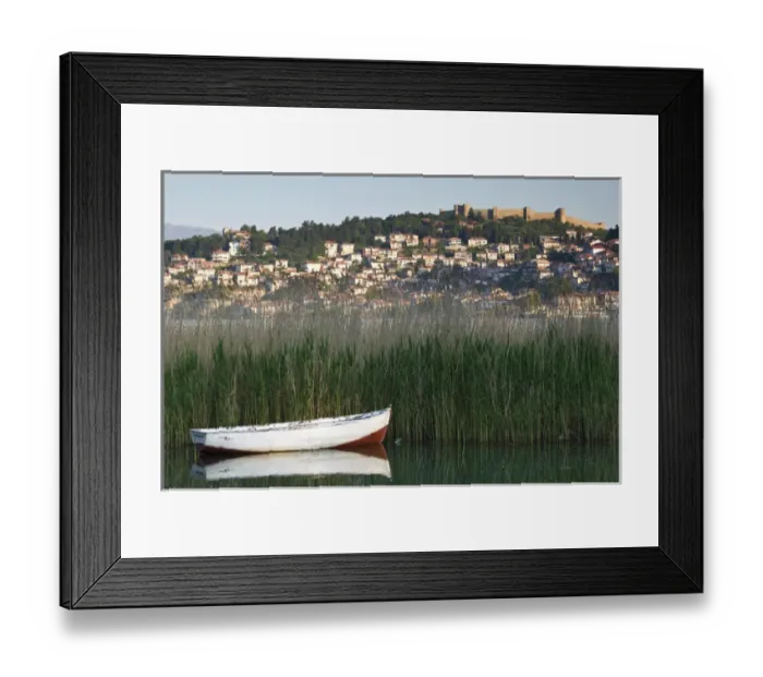 Framed Print : MACEDONIA, Ohrid. Morning view of Old Town and Car Samoils Castle from reeds Framed Print : MACEDONIA, Ohrid. Morning view of Old Town and Car Samoils Castle from reeds