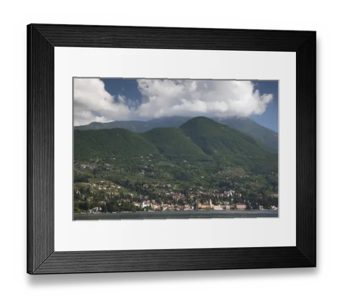 Framed Print : ITALY, Brescia Province, Gardone Riviera. Distant town view with mountains Framed Print : ITALY, Brescia Province, Gardone Riviera. Distant town view with mountains