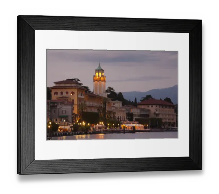 Framed Print : ITALY, Brescia Province, Gardone Riviera. Lakefront town view with Grand Hotel, dusk