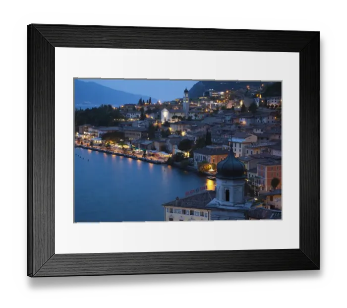Framed Print : ITALY, Brescia Province, Limone sul Garda. Aerial town view, dusk Framed Print : ITALY, Brescia Province, Limone sul Garda. Aerial town view, dusk