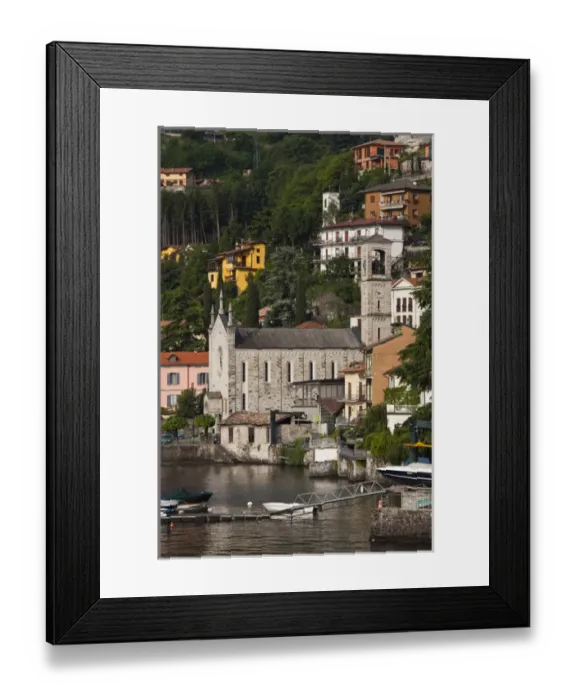 Framed Print : ITALY, Como Province, Argegno. Lake view with town church Framed Print : ITALY, Como Province, Argegno. Lake view with town church