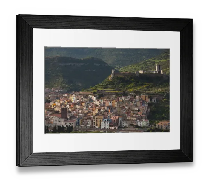Framed Print : ITALY, Sardinia, Bosa. Town view with Castello Malaspina, late afternoon