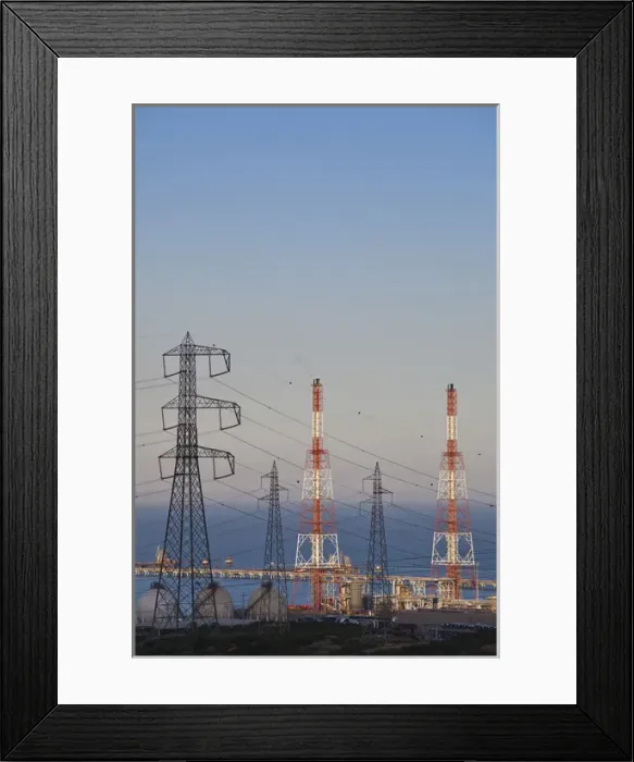Framed Print : ITALY, Sardinia, Sarroch. Porto Foxi oil refinery, sunset