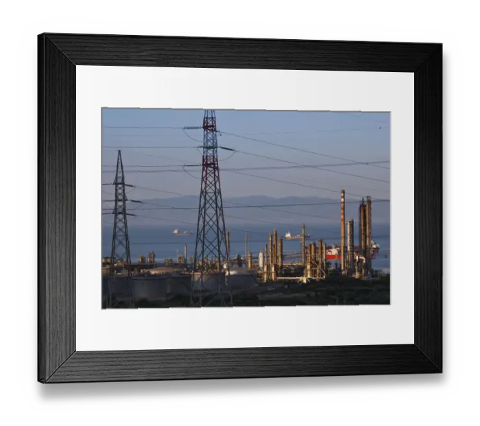 Framed Print : ITALY, Sardinia, Sarroch. Porto Foxi oil refinery, sunset