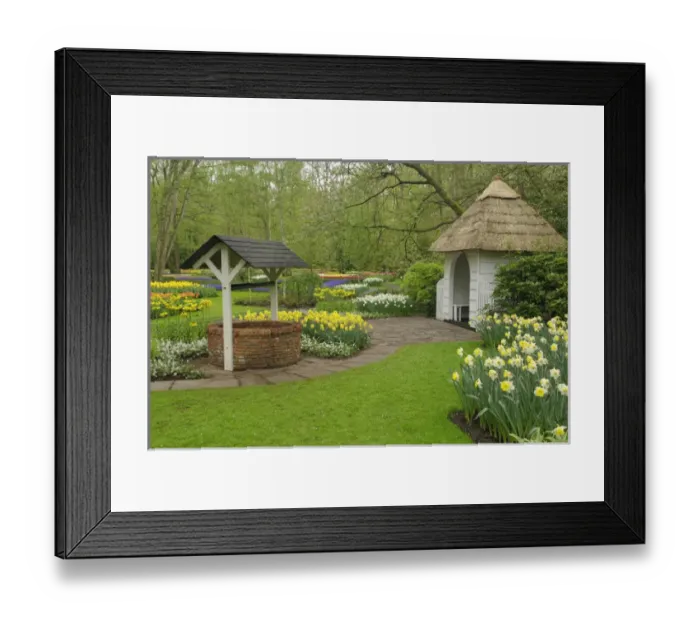 Framed Print : Wishing well in garden, Keukenhof Gardens, Lisse, Netherlands, Holland