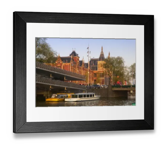 Framed Print : Central Station by the canal, Amsterdam, Netherlands
