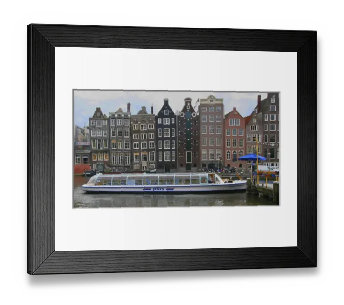 Framed Print : A tour boat waiting at Rederij Plas dock on a canal lined with colorful gabled homes