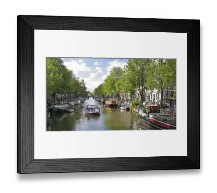 Framed Print : A tour boat passes many colorful houseboats on a tree lined canal Framed Print : A tour boat passes many colorful houseboats on a tree lined canal