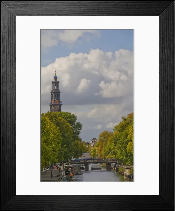 Framed Print : Scenic Canal view with bridge and the Zuiderkerk clock and spire in the distance Framed Print : Scenic Canal view with bridge and the Zuiderkerk clock and spire in the distance