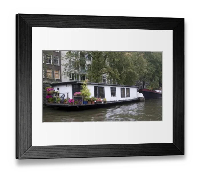 Framed Print : A white houseboat with lots of pink flowers surrounded by trees Framed Print : A white houseboat with lots of pink flowers surrounded by trees