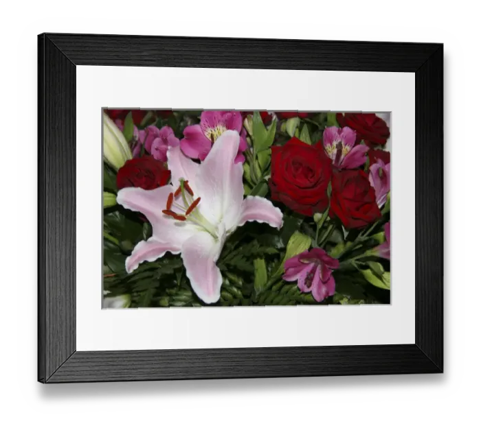 Framed Print : Full frame of flower arrangement including red roses and a Rubrum Lily