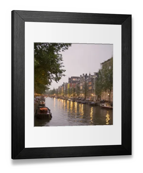 Framed Print : Street lights reflect onto the boat lined canal at dusk Framed Print : Street lights reflect onto the boat lined canal at dusk