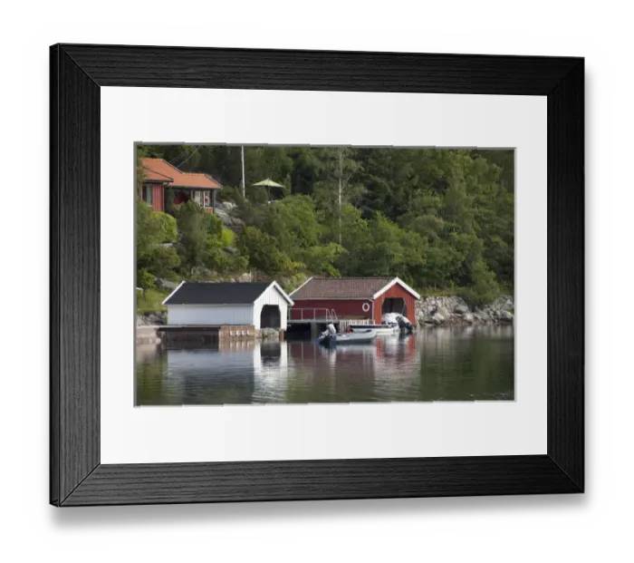 Framed Print : Norway, Stavanger. Views along Lysefjord, boat house Framed Print : Norway, Stavanger. Views along Lysefjord, boat house