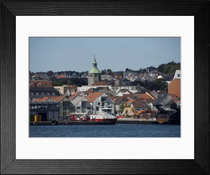 Framed Print : Norway, Stavanger. City views of Stavanger from Grandsfjord. Historic Valberg Tower