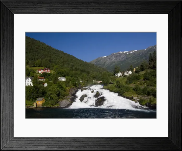 Framed Print : Norway, Hellesylt. Waterfall that spills into Geirangerfjord at the port city of