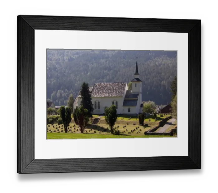 Framed Print : Norway, View from scenic by-way Road 15 between Hornindal & Stryn. Stryn church