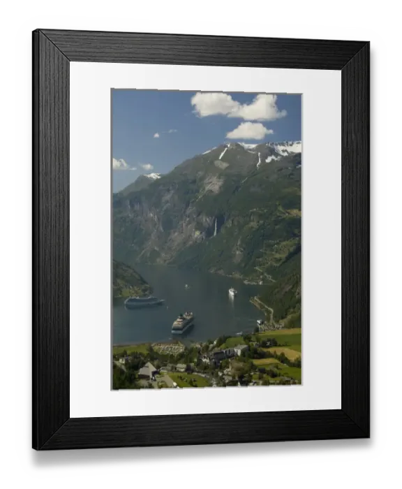 Framed Print : Norway, Geiranger. View of the port of Geiranger from Mt. Dalsnibba. Cruise ships Framed Print : Norway, Geiranger. View of the port of Geiranger from Mt. Dalsnibba. Cruise ships