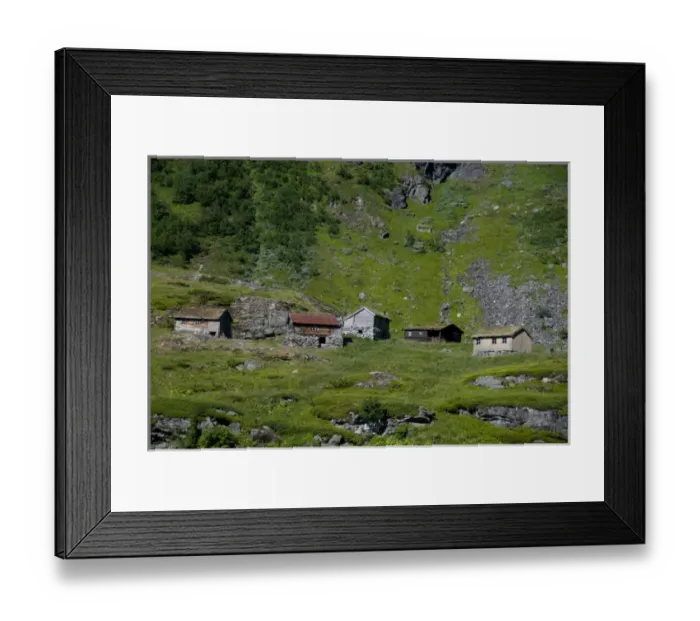 Framed Print : Norway, Geiranger. Scenic byway 63 up to Mount Dalsnibba, mountain cabins Framed Print : Norway, Geiranger. Scenic byway 63 up to Mount Dalsnibba, mountain cabins